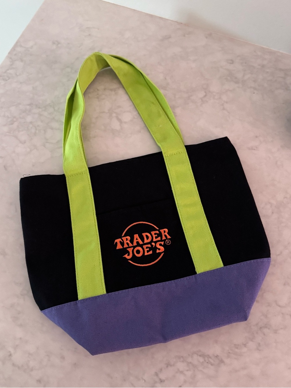 Trader Joe's Black Tote with Lime Handles and Purple Base viral tote